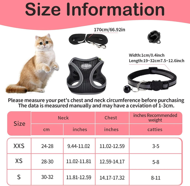 Ham pentru pisici cu lesă rezistentă la evadare, ham reglabil pentru pisici, ham pentru pisici cu căptușeală moale și plasă respirabilă cu reflectorizant pentru antrenament în aer liber (negru XXS)