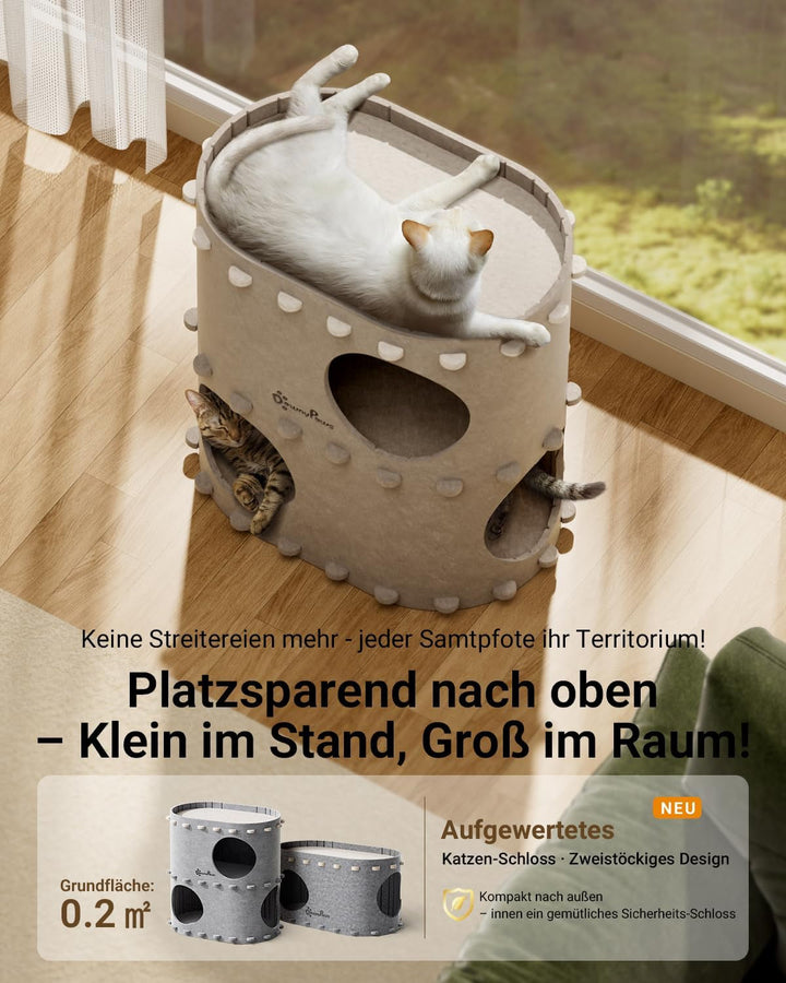 Peșteră pentru pisici Downypaws din fetru, pat pentru pisici cu 2 niveluri, căsuță tip castel pentru joacă, design cald, protecție pentru unghiile pisicii, bej