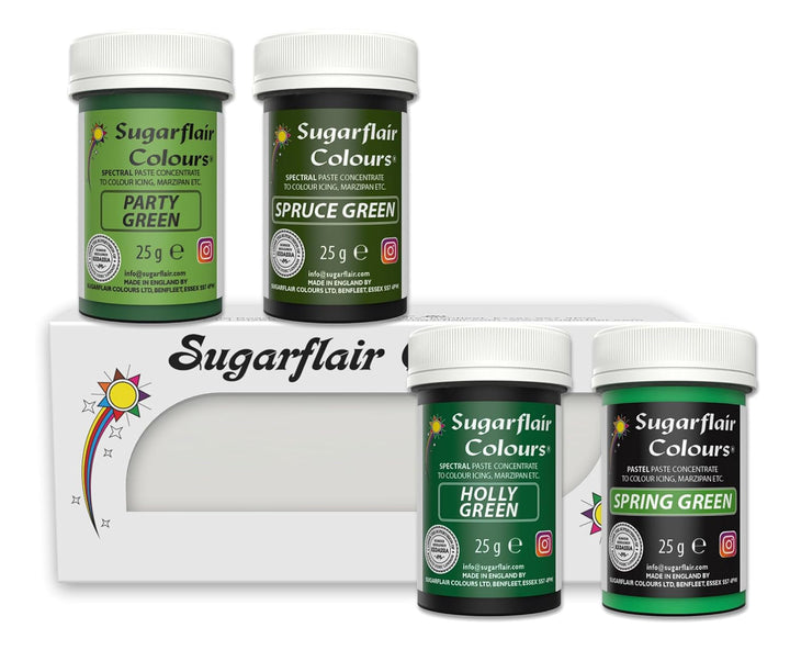Coloranți alimentari Sugarflair pentru paste, verde, set de 4, coloranți alimentari pentru paste, fondant, marțipan, pastă de zahăr, cremă de unt și multe altele: verde ilex, verde primăvară, verde molid, verde petrecere - set de 4