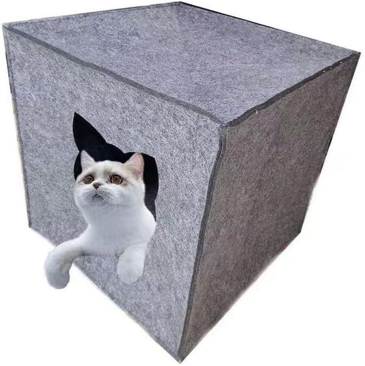 Peșteră pliabilă pentru pisici cu jucărie - Pat pentru pisici pentru dormit, ascundere, joacă și zgâriat, 33 x 33 x 37 cm, pentru rafturi IKEA și Kallax, cu jucărie pește, jucărie catnip