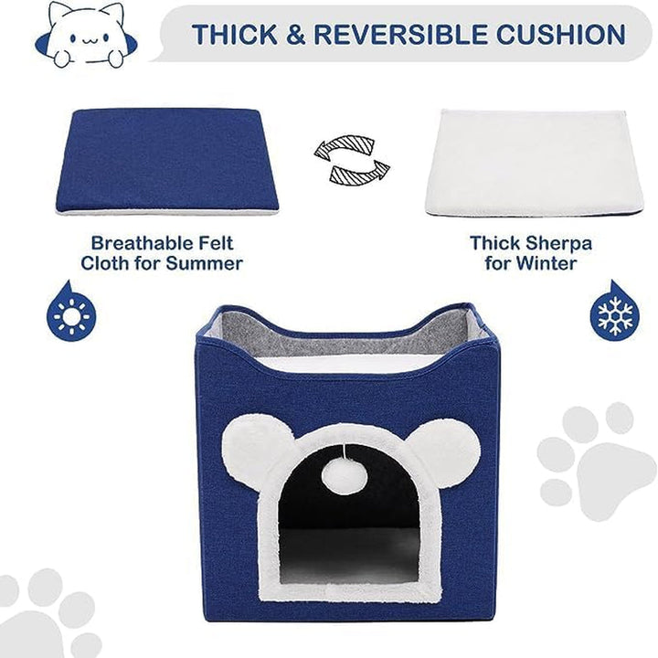 Casă pliabilă pentru pisici, casă mare pentru pisici, peșteră pentru pisici și câini mici, cu zgârietură și minge pufoasă, albastră