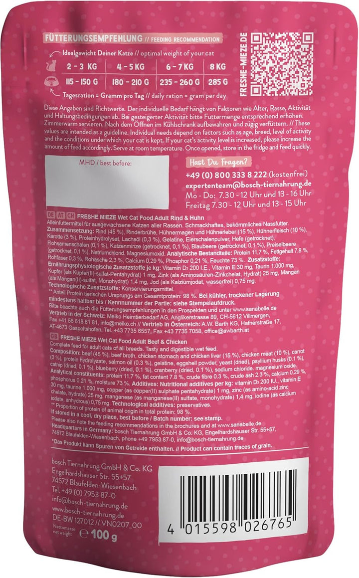 Sanabelle Freshe Mieze - Carne de vită și pui | Pungi de 100 g complet reciclabile | Hrană umedă gătită cu aburi pentru pisici | Hrană pentru pisici ca proaspăt gătită | O marcă Bosch Pet Food