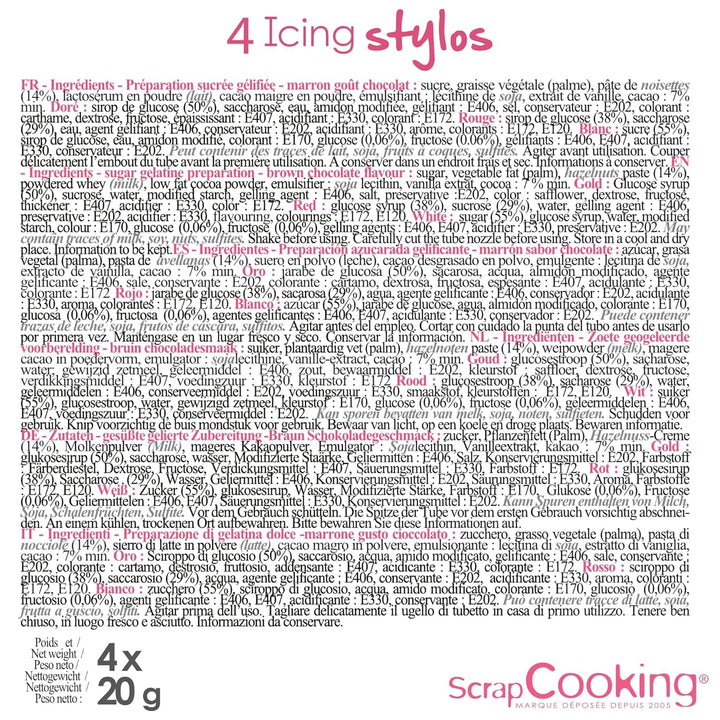 Scrapcooking – 4 markere pentru piese: auriu, ciocolatiu, alb și roșu – pixuri decorative comestibile pentru scris și desenat pe deserturi, prăjituri și biscuiți