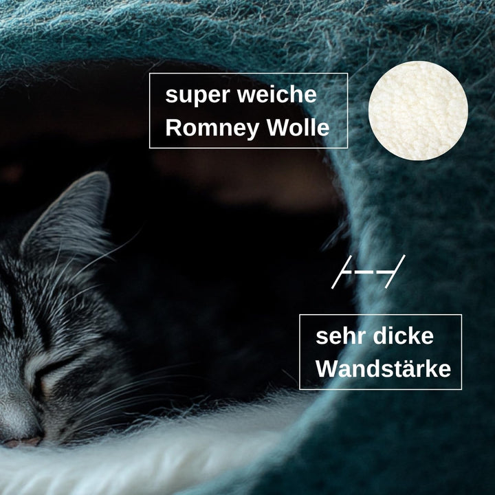Pat pentru pisici XL, Peșteră pentru pisici – Lână Romney fină – Îmâslită puternic – Robustă la exterior și moale la interior – Lavabilă la mașină (petrol)
