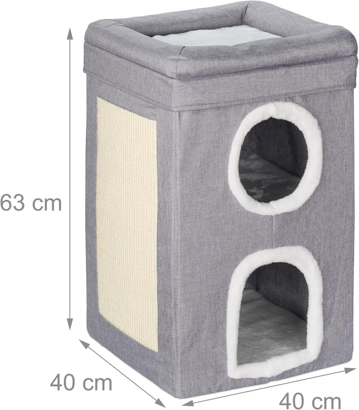 Relaxdays Peșteră pentru Pisici, 2 Peșteri și 1 Nivel Deschis, Pat pentru Pisici, Pătrat, cu Zonă de Zgâriat, ÎxLxA: 63 x 40 x 40 cm, Gri/Alb