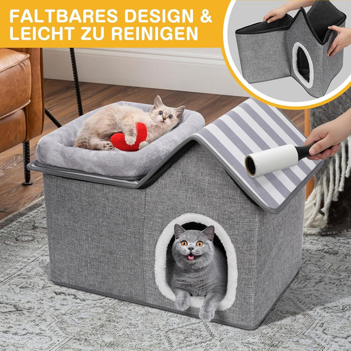 Pat pentru pisici Zvonema, Peșteră pentru pisici, Pat lavabil pentru câini, Pat pliabil 2 în 1 pentru animale de companie, Casă pentru pisici de interior cu pernă detașabilă din pluș, Îmbunătățește somnul, Casă pentru pisici de exterior, pentru căței