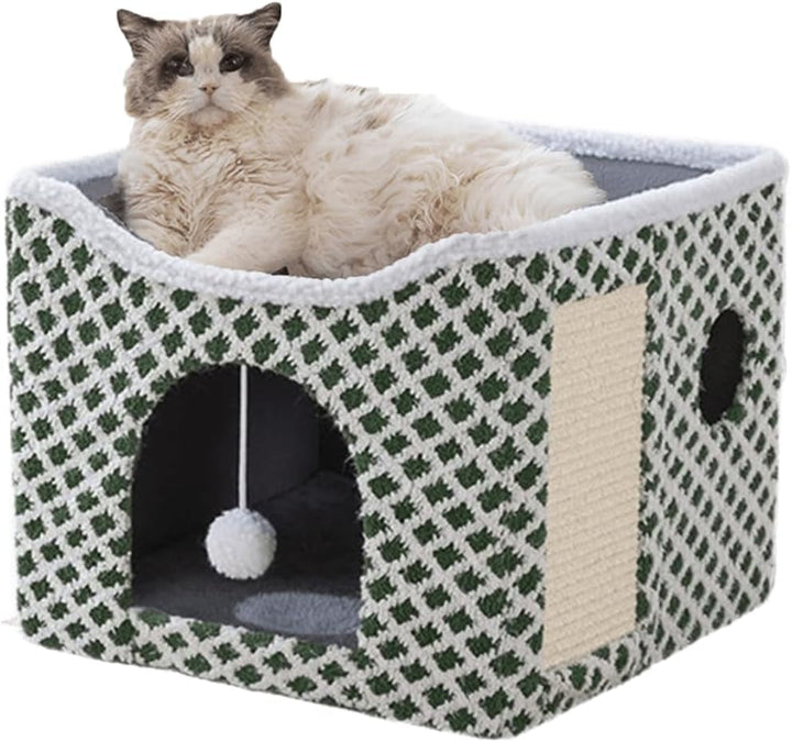 Peșteră pentru pisici, paturi pentru pisici, căsuță pentru pisici, peșteră pliabilă pentru pat de pisică cu scărpinat și minge de joacă, peșteră pliabilă pentru pat de pisică pentru dormit, ascundere, joacă și zgâriat (roz, mediu)