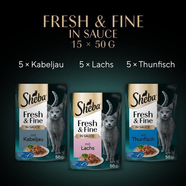 Sheba Fresh & Fine Multipack pungă porție 3 varietăți cod, somon, ton în sos MSC 5X15X50G
