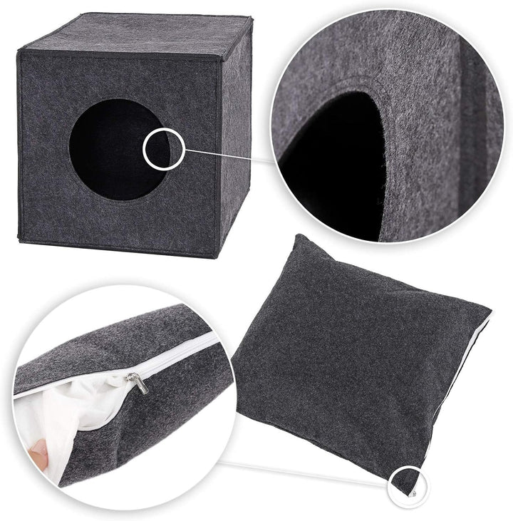 Peșteră pentru pisici Lionto, din fetru rezistent, potrivită pentru rafturile Kallax și alte sisteme de rafturi, 33 x 37 x 33 cm, pat pliabil în formă de cub, independentă, ușor de întreținut, cu pernă confortabilă, gri închis