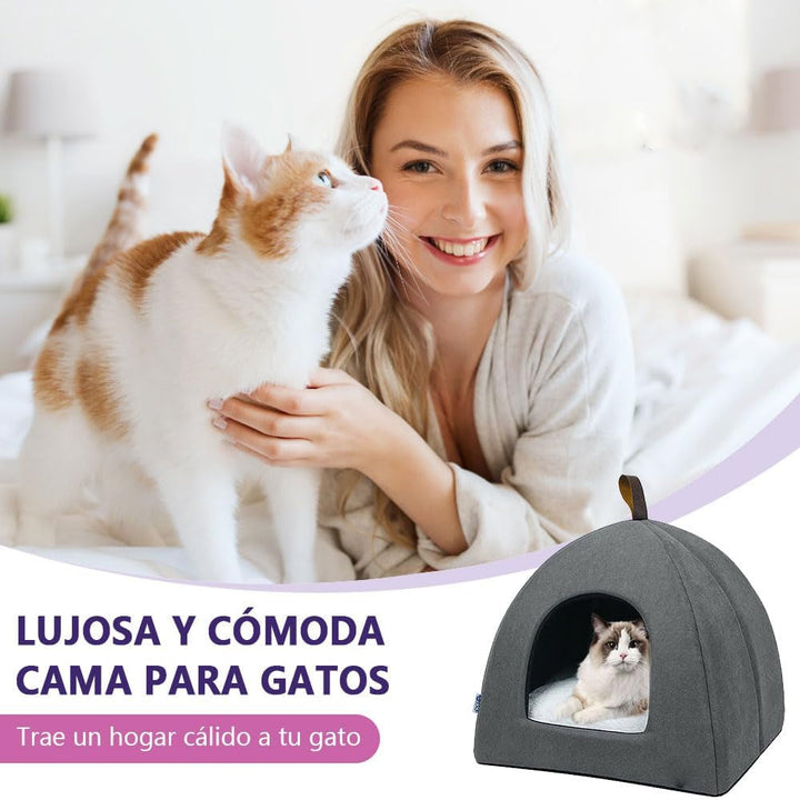 Pat pentru pisici, Peșteră moale pentru pisici, Paturi moi și calde din pluș, Cuib pentru pisici cu pernă interioară detașabilă (Gri L)