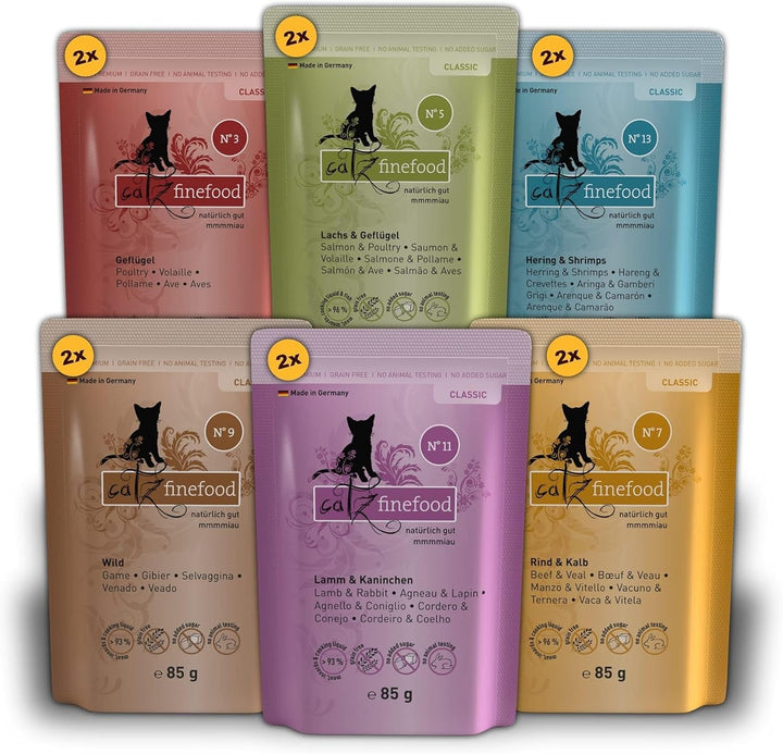 Catz Finefood Classic Collection Mix-Pack Hrană umedă pentru pisici - Delicatessen Hrană umedă pentru pisica dumneavoastră fără cereale și zahăr cu conținut ridicat de carne, 24 X 85G Bag