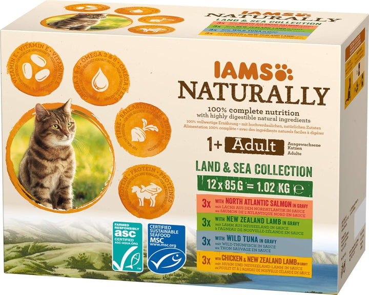 IAMS Naturally Cat Food Wet in Sauce - Hrană umedă de înaltă calitate cu carne și pește pentru pisici adulte, Land & Sea Collection, 12 X 85 G
