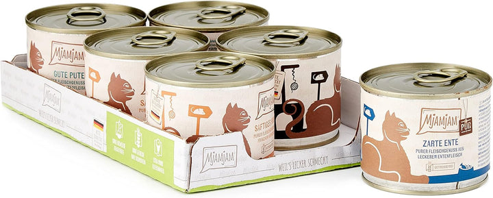 Mjamjam - Hrană umedă premium pentru pisici - Mixpack 5 - Deliciu de carne pură, pachet de 6 (6 X 200 G) & - Hrană umedă premium pentru pisici - Mixpack 3 - vânat și iepure, curcan, rață și păsări de curte, (6 X 200 G)
