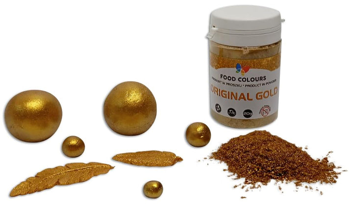 Coloranți alimentari Pudră de colorant alimentar cu efect metalic, Colorant comestibil ORIGINAL GOLD 20G – Ideal pentru decorarea prăjiturilor, tartelor, pastelor de zahăr, fursecurilor și băuturilor.