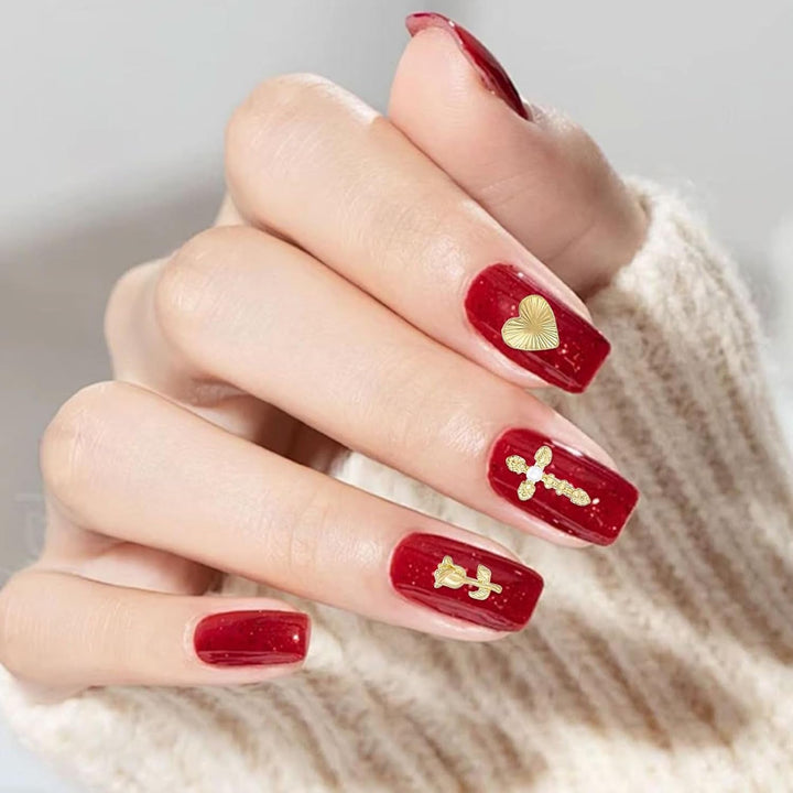 Talisane aurii pentru unghii, 80 de piese cu cruce, trandafir, inimă, pietre prețioase pentru unghii Fecioara Maria, accesorii pentru unghii din aliaj metalic pentru decorațiuni de design pentru manichiură, meșteșuguri DIY