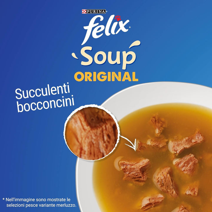 Purina Soup Original Hrană umedă pentru pisici cu carne de vită, pui și ton, 8 pachete a 48 de pungi a câte 48 g