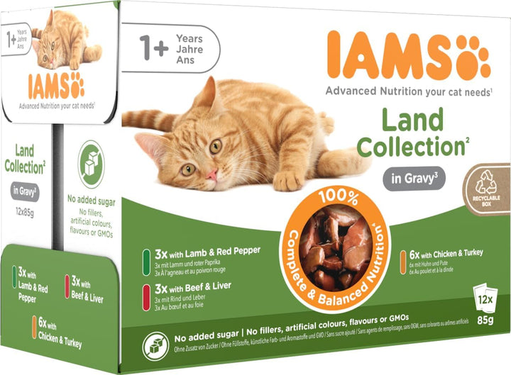 IAMS Delights Land Collection Hrană umedă pentru pisici - Multipack cu sortimente de carne (miel, vită, pui și curcan) în sos, hrană umedă pentru pisici de peste 1 an, 12 X 85G