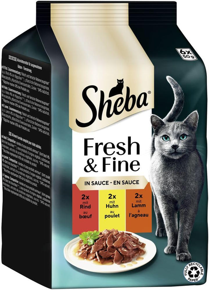 Sheba Portion Bag Wet Cat Food Multipack Fresh & Fine in Sauce with Beef and Chicken, 6X6X50G - Hrană premium pentru pisici în sos, ideală pentru pisica dumneavoastră