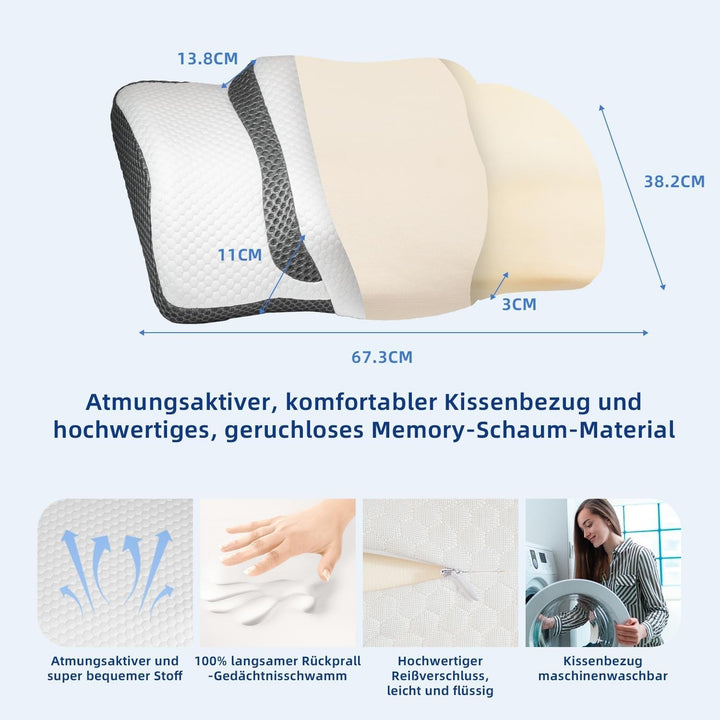 Pernă ortopedică, pernă ergonomică pentru gât, pernă pentru cap, pernă din spumă de memorie originală pentru părți laterale, sprijin pentru spate și stomac, pernă de sprijin pentru gât pentru bărbați, femei (67.3 X 38.2 X 13.8/3Cm) Perne ortopedice cervicale Naty Shop