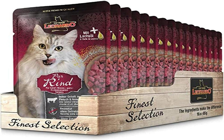 Leonardo Fresh Pouch [16X85G Pure Beef] | Hrană umedă fără cereale pentru pisici | Hrană umedă completă în pungă cu o singură porție