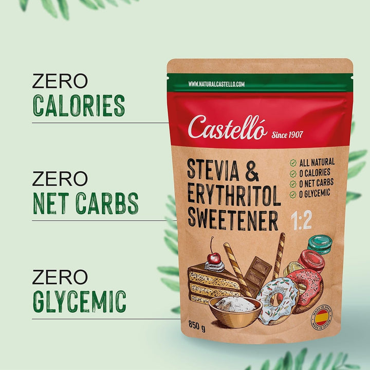 Stevia + Erythrit 1:2 Süßstoff | 1G = 2G Zucker | 100% Natürlicher Zuckerersatz - 0 Kalorien - 0 Glykämischer Index - Keto Und Paleo - 0 Netto-Kohlenhydrate - Kein GVO - Castello since 1907 - 850 G Indulcitori Naty Shop