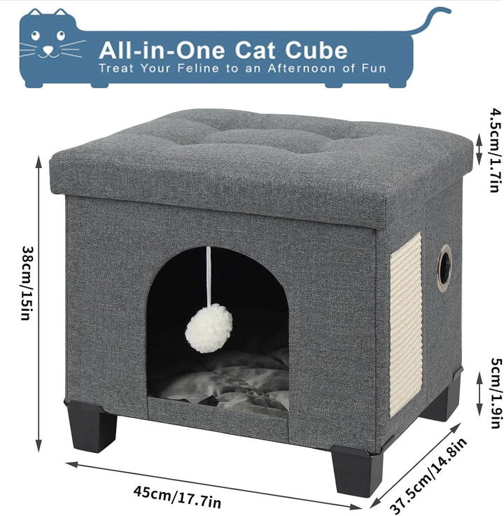BRIAN & DANY Peșteră pentru Pisici, Căsuță pentru Pisici din In, cu Zonă de Zgâriat și Minge de Joacă, 45 x 37,5 x 38 cm, Gri Închis