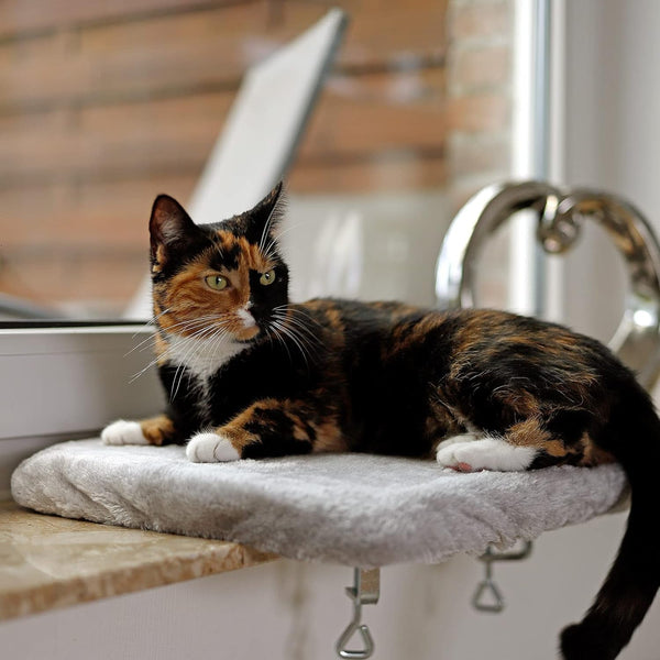 Șezlong de fereastră Lionto pentru pisici, căptușit cu pluș, 35 x 50 cm, pat pentru pisici pentru pervaz, nu necesită găurire, husă detașabilă și lavabilă, capacitate de încărcare de până la 15 kg, gri deschis