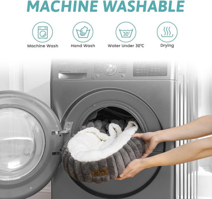 Pat pentru pisici COZY KISS pufos, rotund, moale, cu glugă, pentru pisici și căței, blană artificială lavabilă la mașină cu fund antiderapant, gri, 58 x 58 x 15 cm