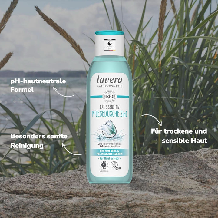Lavera Care Basis Sensitiv 2 în 1, Șampon și gel de duș cu aloe vera bio și keratină vegetală, 250 ml Duș și baie Naty Shop