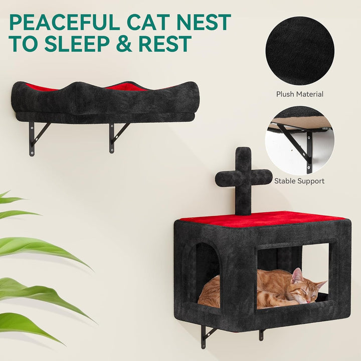 YITAHOME Set de perete de cățărat gotic pentru pisici, fabricat din flanel, mobilier robust pentru pisici din 5 piese cu căsuță pentru pisici, pat pentru pisici, hamac pentru pisici, coloană din sisal cu păianjen pentru dormit, joacă sau relaxează pisica