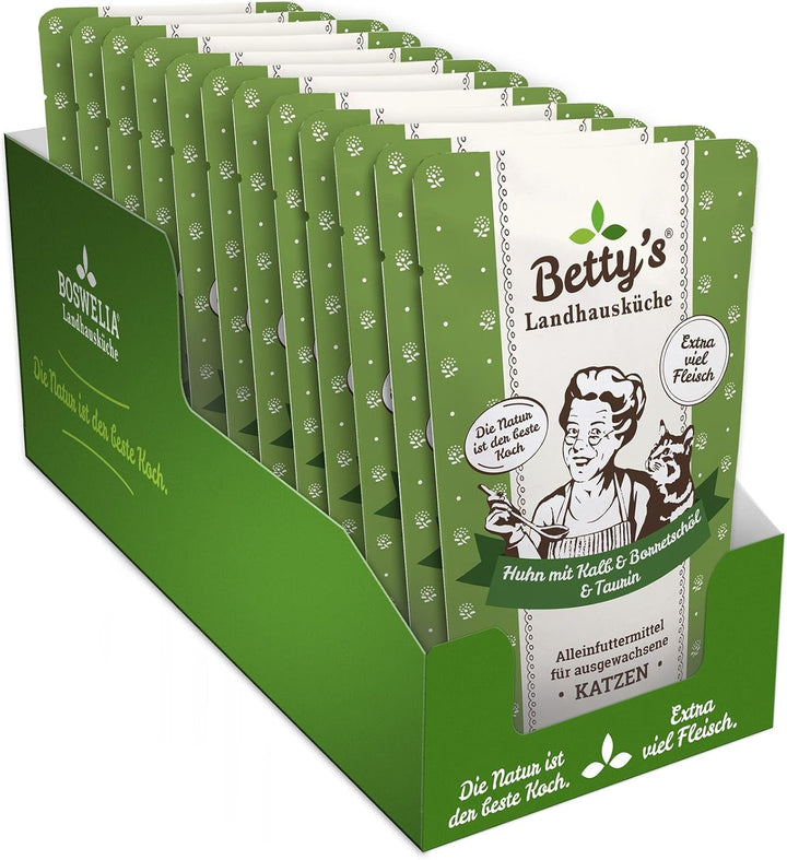 Betty'S Landhausküche Fresh Pouches Wet Food Cat, Kangaroo With Borage Oil 12 X 100G, fără cereale, de cea mai bună calitate, carne de înaltă calitate, gătită ușor, biodisponibilitate ridicată
