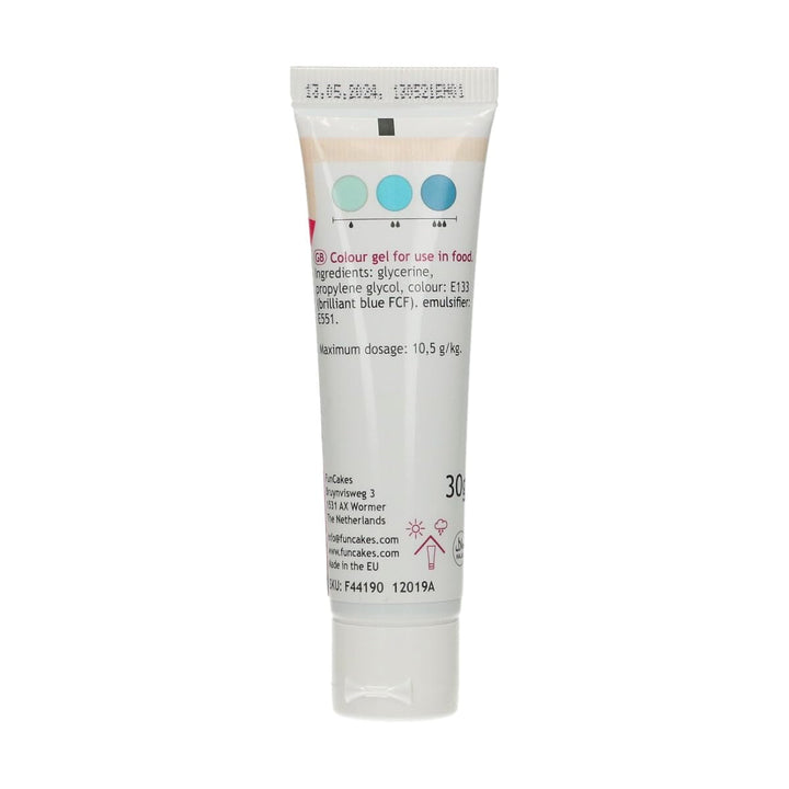 Funcakes Food Color Gel Aqua: Colorant alimentar foarte concentrat pentru aluat, cremă, fondant și marțipan. Dozare ușoară. Picătură individuală pentru a crea culori vibrante. Halal. 30 g.