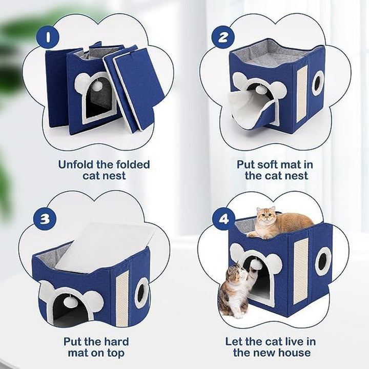 Casă pliabilă pentru pisici, casă mare pentru pisici, peșteră pentru pisici și câini mici, cu zgârietură și minge pufoasă, albastră