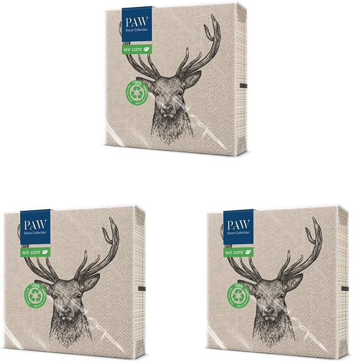 Paw Decor Collection X PAW Decor Collection CM Paper Wipes med 3 lag. 20 stykker. Trykt med vandbaserede farver. Borddekorationer. Nature, Hirsc, PAW_022022, hjorte, 33 x 33 cm (pakke med 3)