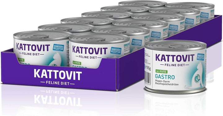 KATTOVIT - Gastro Hrană umedă pentru pisici | Hrană umedă pentru pisici pentru susținerea sistemului gastrointestinal | Hrană dietetică completă într-o cutie pentru pisici adulte. Fără gluten | 12 X 185 G E