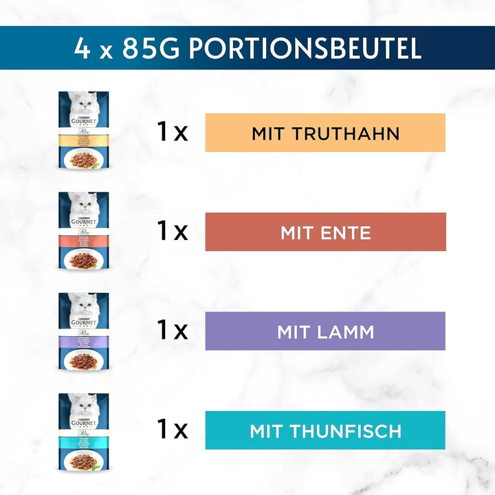 Gourmet Perle Exquisite Strips Hrană umedă pentru pisici, Variety Mix, pachet de 12 (12 X 4 pungi a 85G)