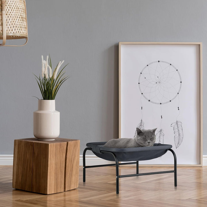 Hamac Relaxdays pentru pisici, scaun suspendat, supraînălțat, ÎxlxA: 27x45x45 cm, pat pentru pisici cu suport, gri/negru