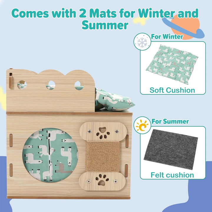 Căsuță din lemn pentru pisici cu covoraș moale, stivuibilă, pliabilă, cub pentru pisici, combinație de cățărat pentru pisici, cu îmbinare spațială