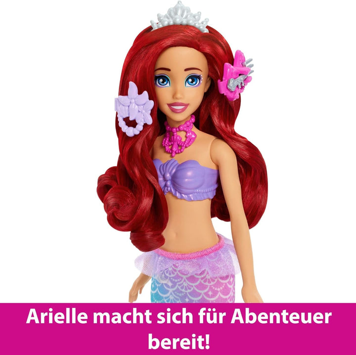 Mattel Disney Princess Toys, Make-up Shell Mermaid Arielle Fashion Doll cu coadă detașabilă, masă de machiaj cu 5 surprize pop-up repetabile și 5 accesorii, JBF86 Papusi Naty Shop