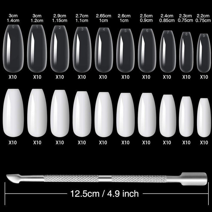 200 bucăți vârfuri de unghii false, 10 mărimi unghii artificiale acrilice cu împingător de cuticule și cutie transparentă pentru femei și fete (naturale și transparente)