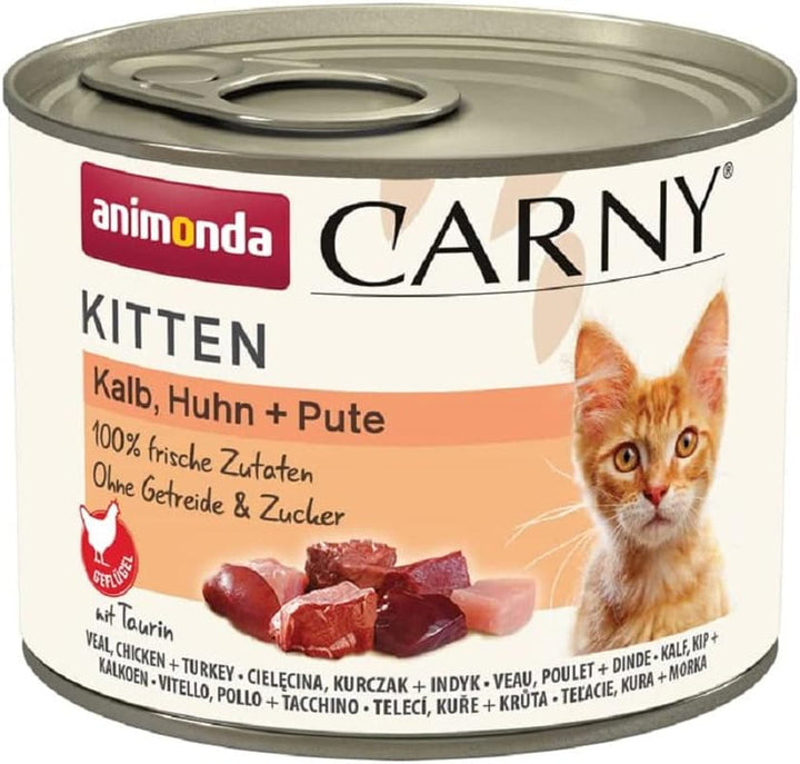 Animonda Carny Kitten Beef, Veal + Chicken (12 X 85 G), hrană umedă pentru pisoi în creștere, hrană pentru pisici fără cereale și zahăr, hrană umedă pentru pisici cu 100% ingrediente proaspete
