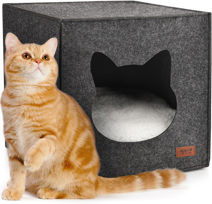 Căsuță pentru pisici Reavet Miezen-Koje - Peșteră din fetru cu pernă pentru pisică | Extra moale și pufoasă | Pat pentru pisică care se potrivește pe rafturi de 33 x 33 x 33 cm, Loc de dormit pentru pisici cu pernă confortabilă