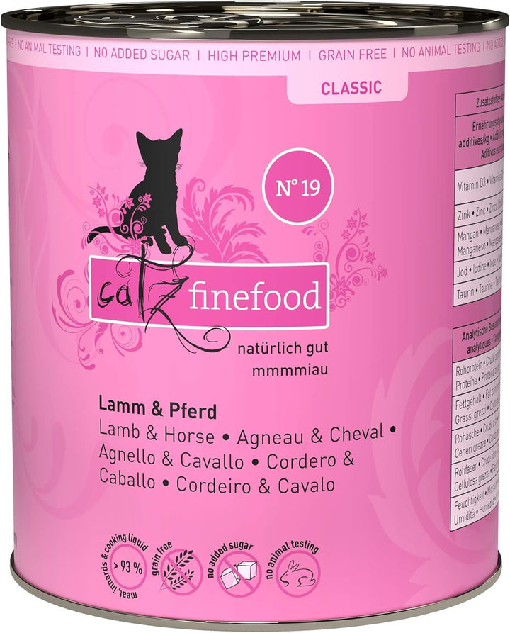Catz Finefood N° 19 Lamb & Horse Delicatessen Hrană umedă pentru pisici, rafinată cu dovlecel și roșii, 16 X 85G pungă