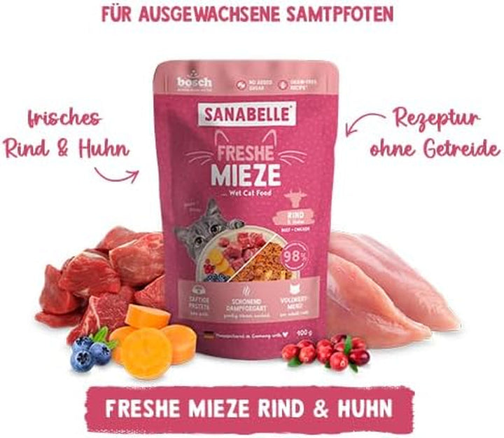 Sanabelle Freshe Mieze - Carne de vită și pui | Pungi de 100 g complet reciclabile | Hrană umedă gătită cu aburi pentru pisici | Hrană pentru pisici ca proaspăt gătită | O marcă Bosch Pet Food