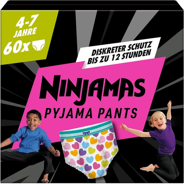 Pantaloni de pijama Ninjamas Hearts, 60 pantaloni de noapte absorbanți, 7 ani, 17Kg-30Kg Mama si Copilul Naty Shop 4-7 ani (60 de bucăți) Fete, 4-7 ani