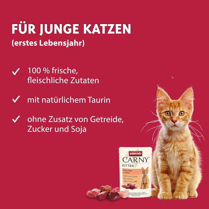 Animonda Carny Kitten Beef, Veal + Chicken (12 X 85 G), hrană umedă pentru pisoi în creștere, hrană pentru pisici fără cereale și zahăr, hrană umedă pentru pisici cu 100% ingrediente proaspete
