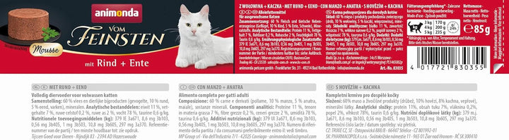 Animonda Vom Feinsten Mousse Cat Food Wet Beef + Duck (12 X 85G), hrană umedă pentru pisici fără cereale, fără zahăr, cu ingrediente proaspete, din carne