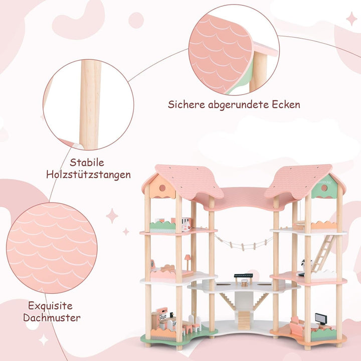 Casă de păpuși din lemn FANTASK, casă de păpuși de 85 cm înălțime 7 camere cu 32 de mobilier și accesorii, vilă de păpuși cu scară de frânghie, cadou de casă de păpuși pentru fete de la 3 ani (Model 3) Casute de papusi Naty Shop