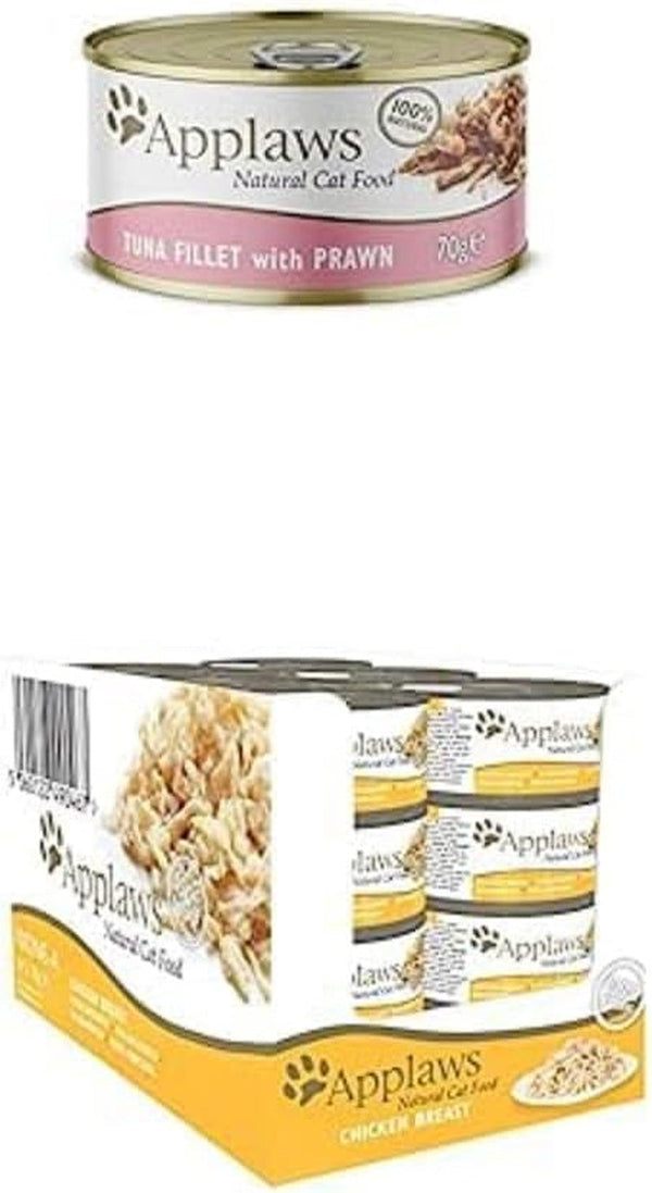 Pachet de hrană umedă pentru pisici Applaws Premium Natural, Pui în bulion 70 G Tin (Pachet 24 X 70 G) +Fillet de ton cu creveți în bulion 70 G Tin (Pachet 24 X 70 G)