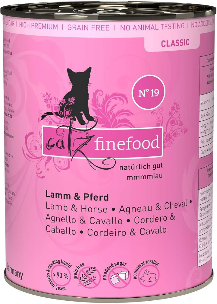 Catz Finefood N° 19 Lamb & Horse Delicatessen Hrană umedă pentru pisici, rafinată cu dovlecel și roșii, 16 X 85G pungă
